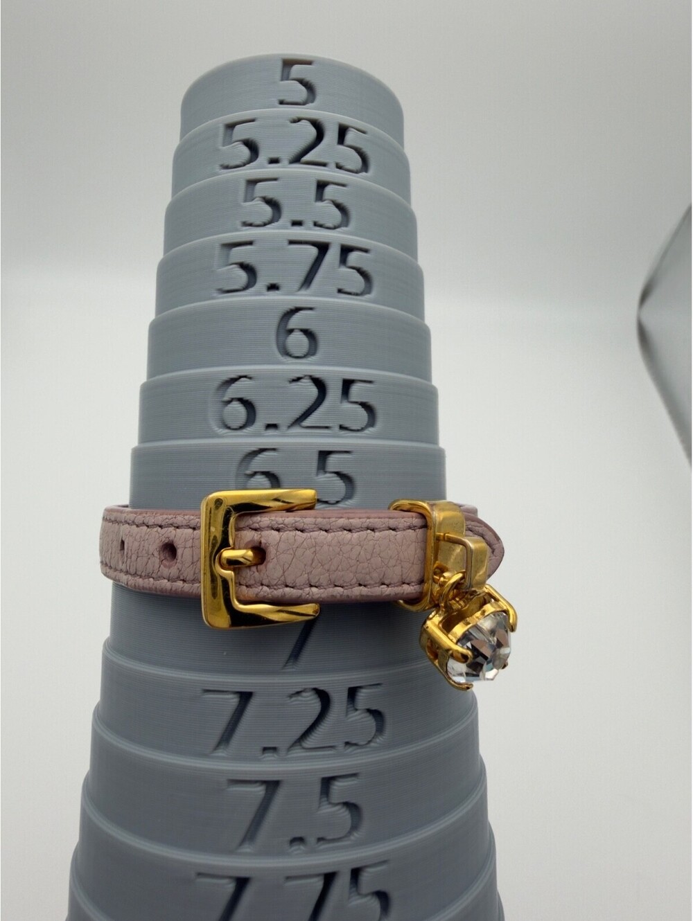 Authentic Miu Miu Pink Beige Leather Bracelet Crystal Charm Gold Tone Hardware